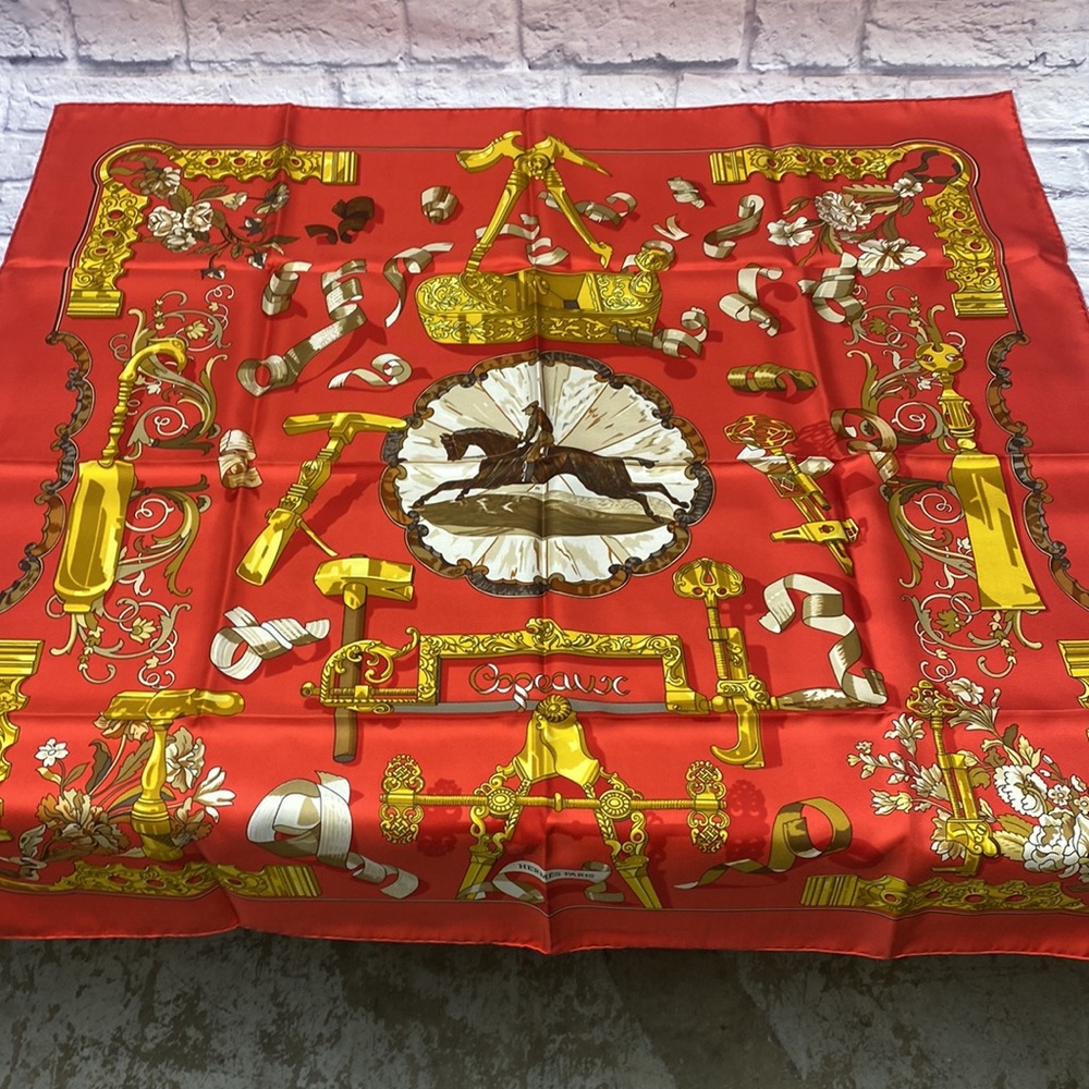 Hermes red Cogeaux silk scarf 90